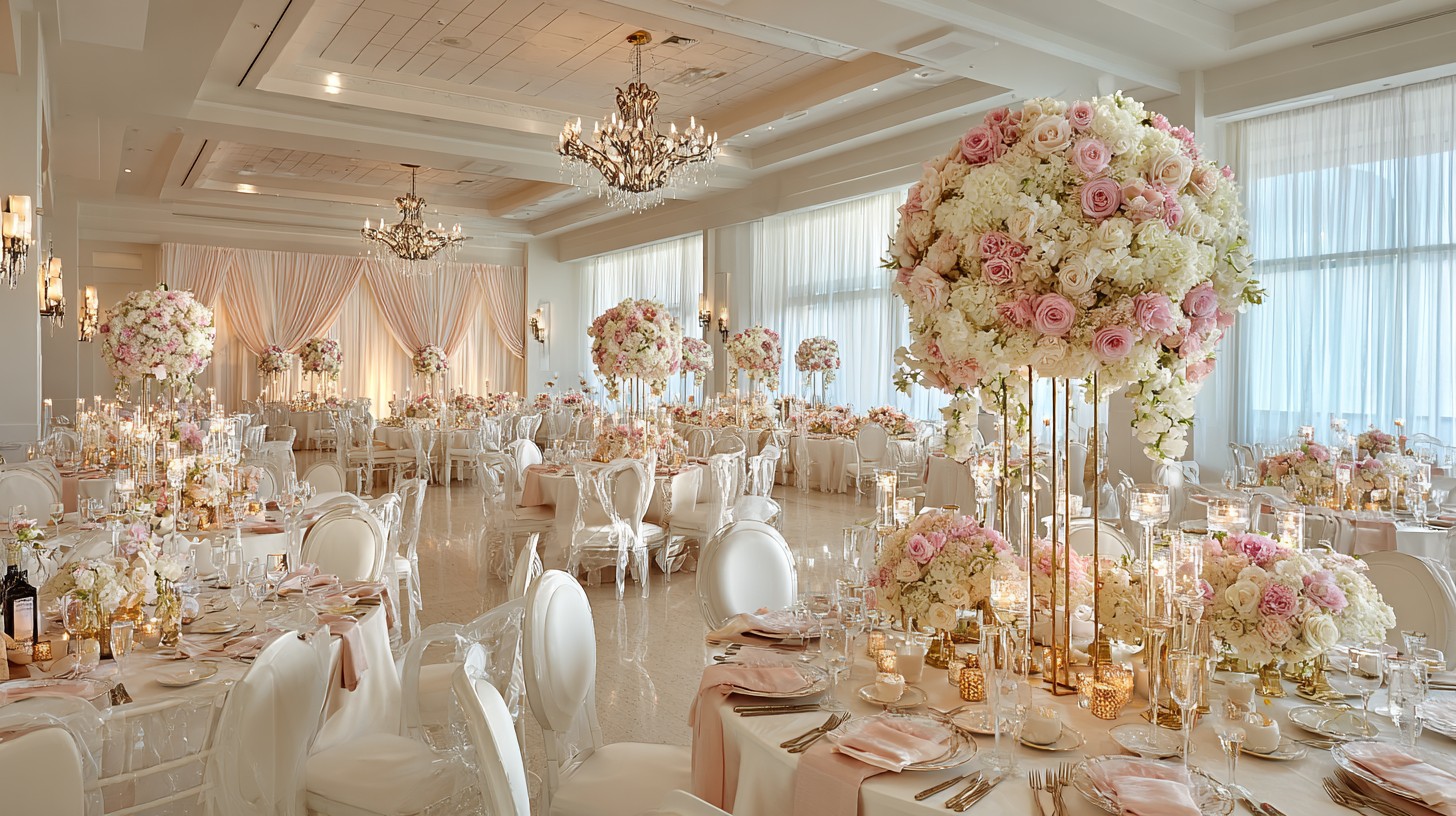 Luxury ballroom with hanging peach floral cloud installation — Magnivé scene prompt render
