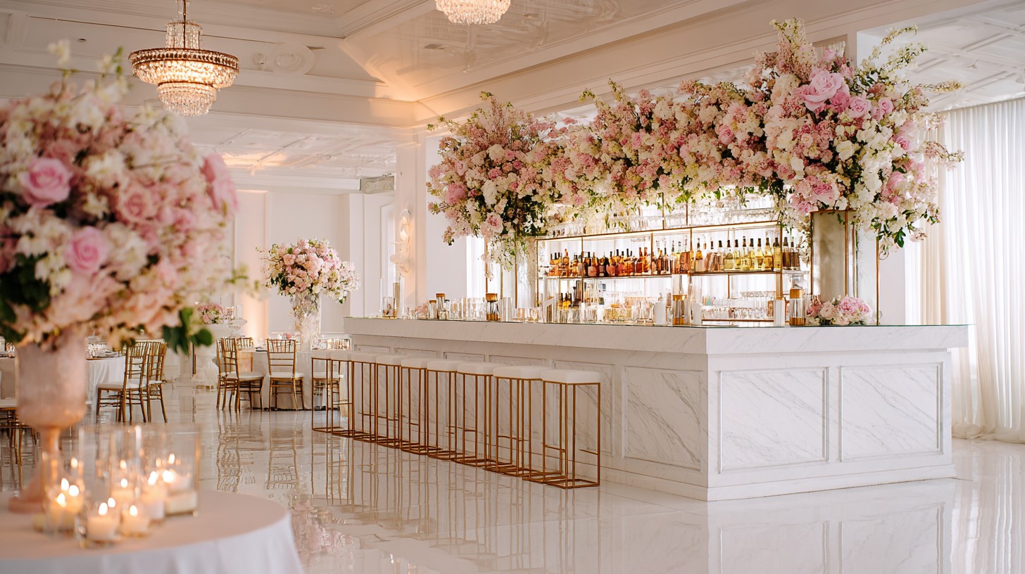 Grand ballroom with crystal rain ceiling installation and amber uplighting — Magnivé scene prompt render
