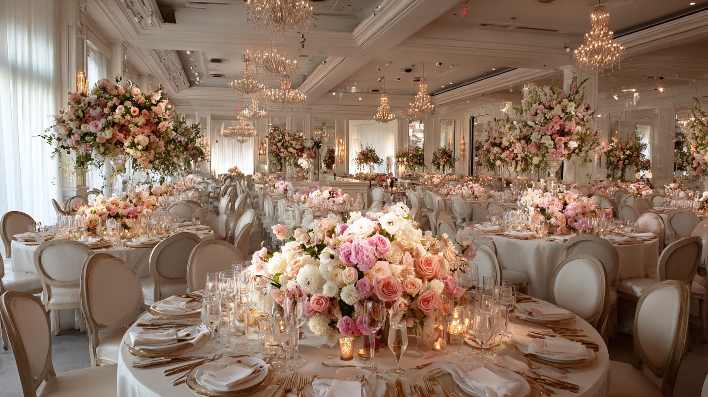 Luxury tablescape with white orchid tower centerpiece, floating candles, and gold charger plates — Magnivé scene prompt render